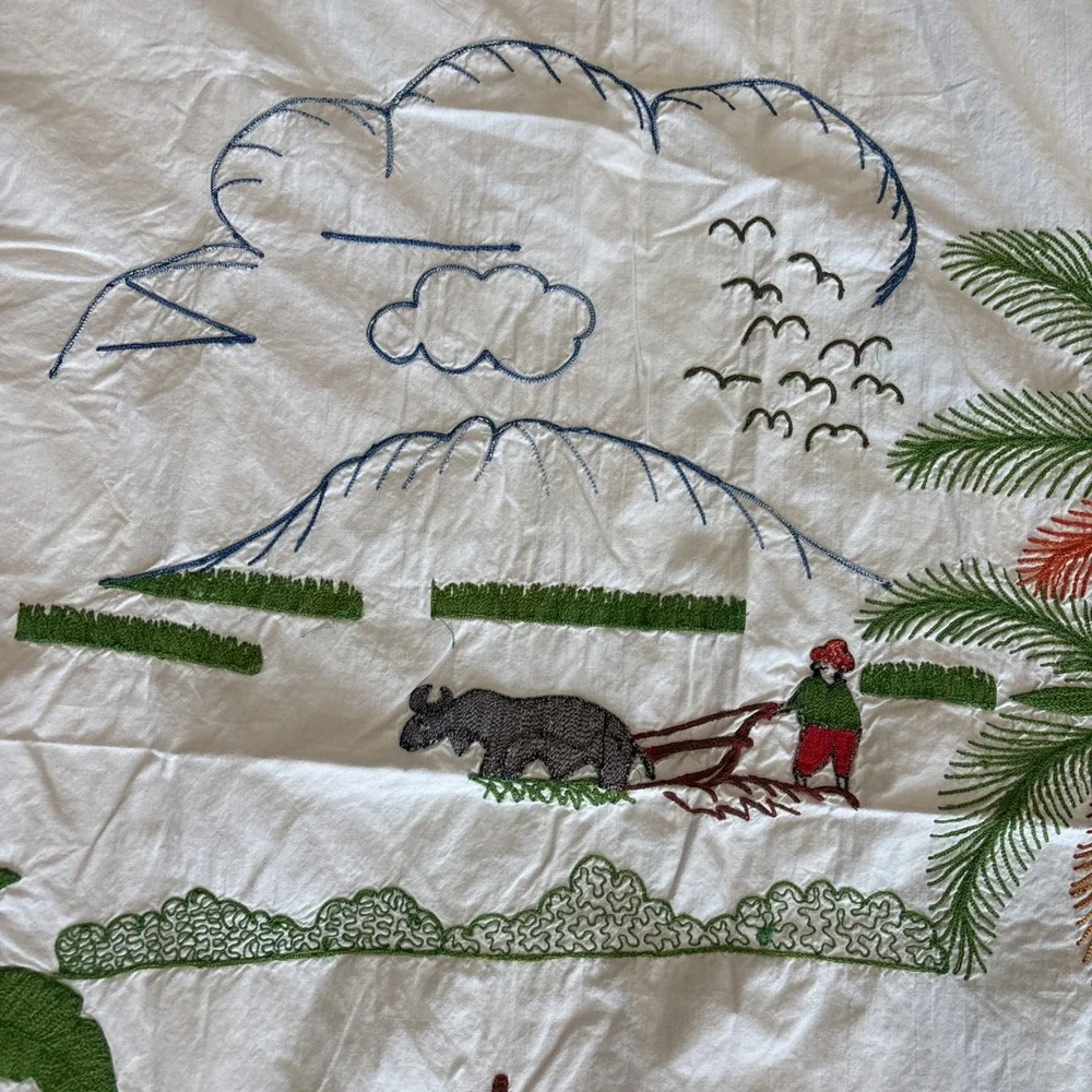 Rare Vintage Embroidered Island Scene 81x76 Bedsheet ART Flowers‎ Palms Mountain